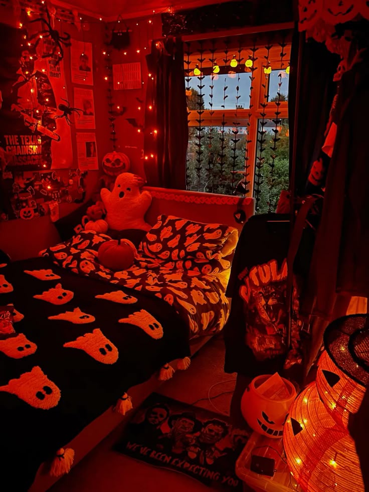 A red & black cute-sy Halloween decor in a cozy New Jersey Bedroom.