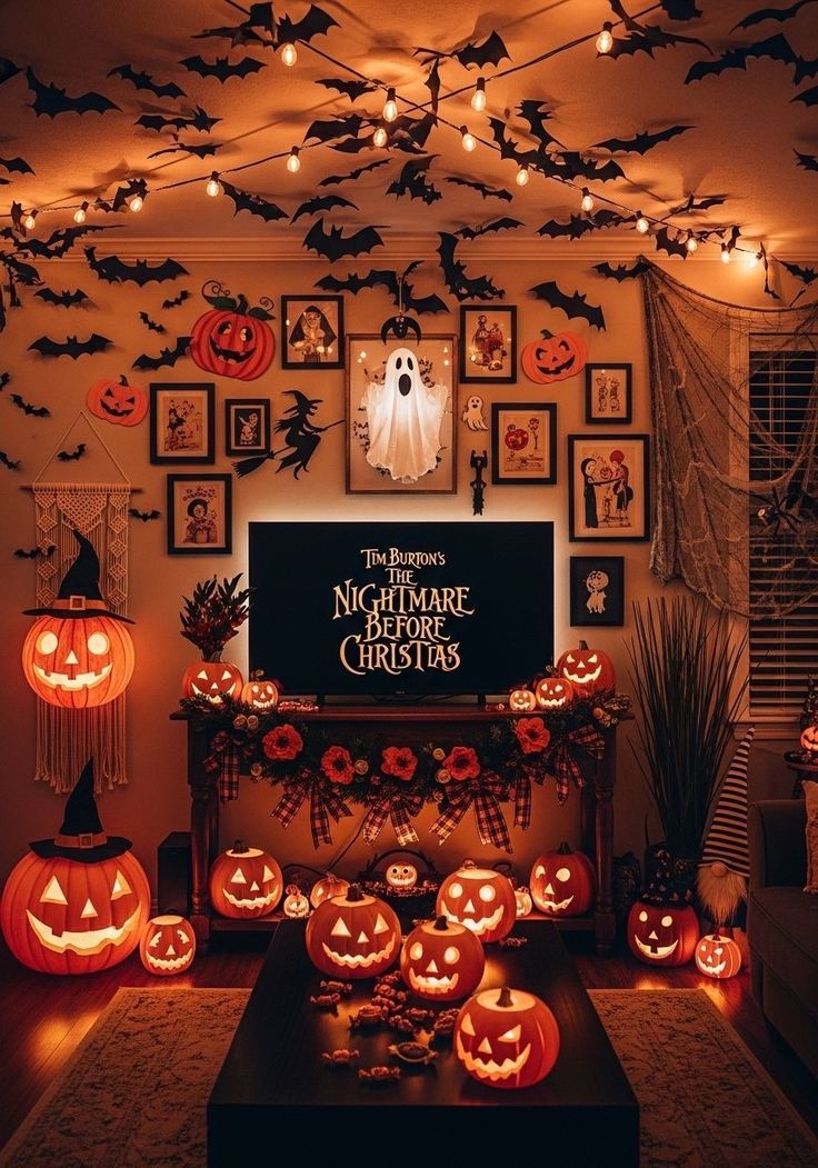 A black and orange themed Halloween decor in a cozy common area of a home.
