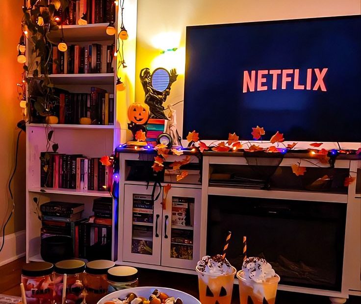 A cozy Halloween decorated home with snacks & Netflix.