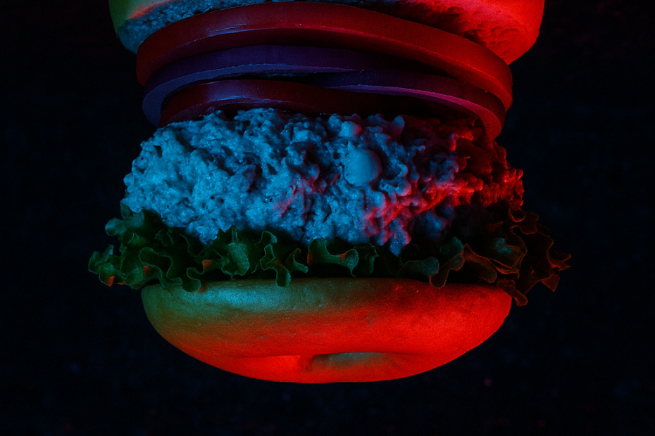 Upside-down bagel glowing in eerie red and blue light, inspired by Stranger Things’ Upside Down vibe.
