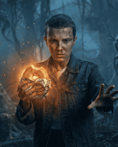 Eleven holding a glowing bagel from Fast Bagel, illuminating the dark Upside Down environment