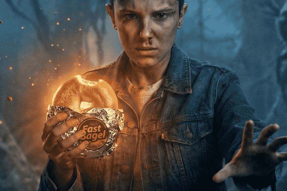 Eleven holding a glowing bagel from Fast Bagel, illuminating the dark Upside Down environment