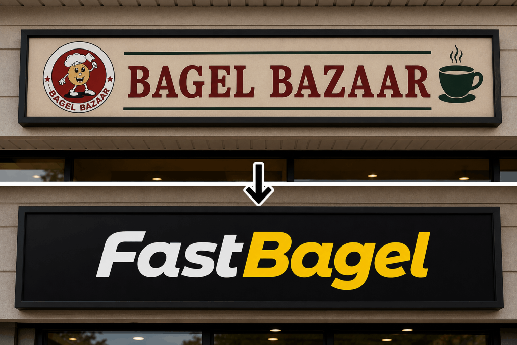 Before and after rebranding from Bagel Bazaar to Fast Bagel Milltown in Milltown, New Jersey.