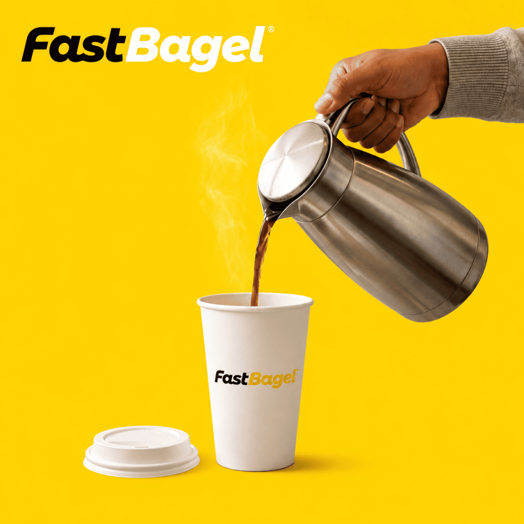 Fresh hot coffee being poured into a Fast Bagel branded cup, served fresh at Fast Bagel Milltown.