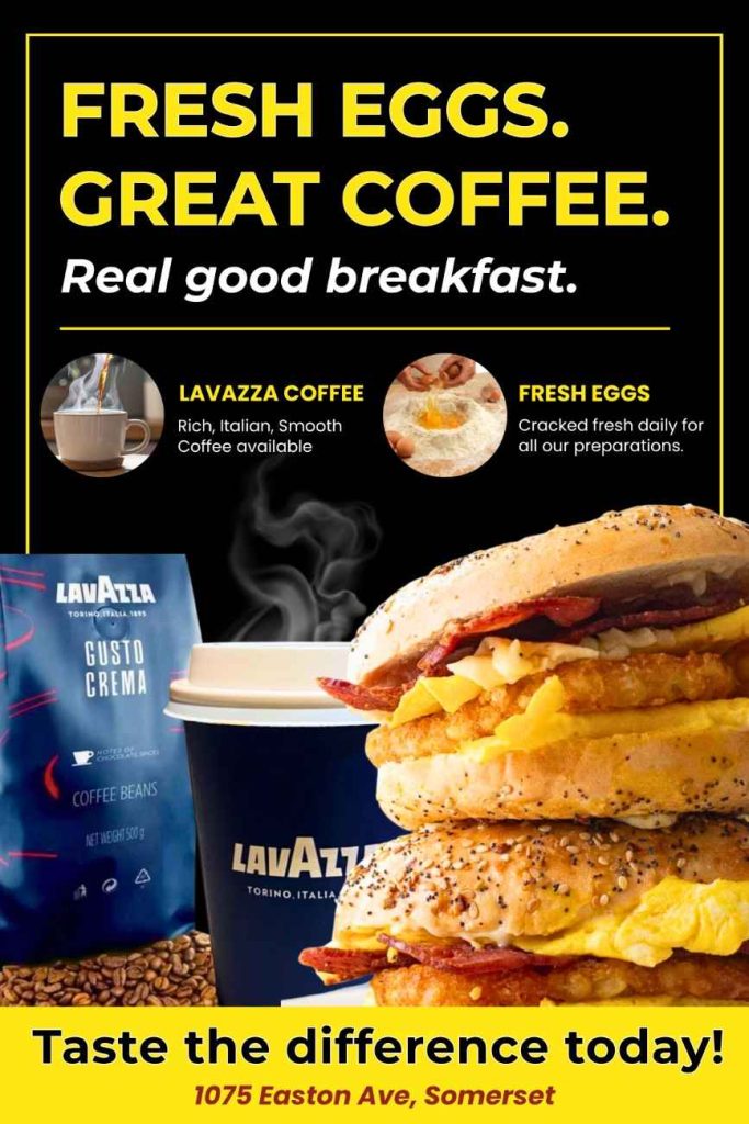 Fresh cracked egg breakfast sandwich and Lavazza coffee available at Fast Bagel on Easton Ave, Somerset.