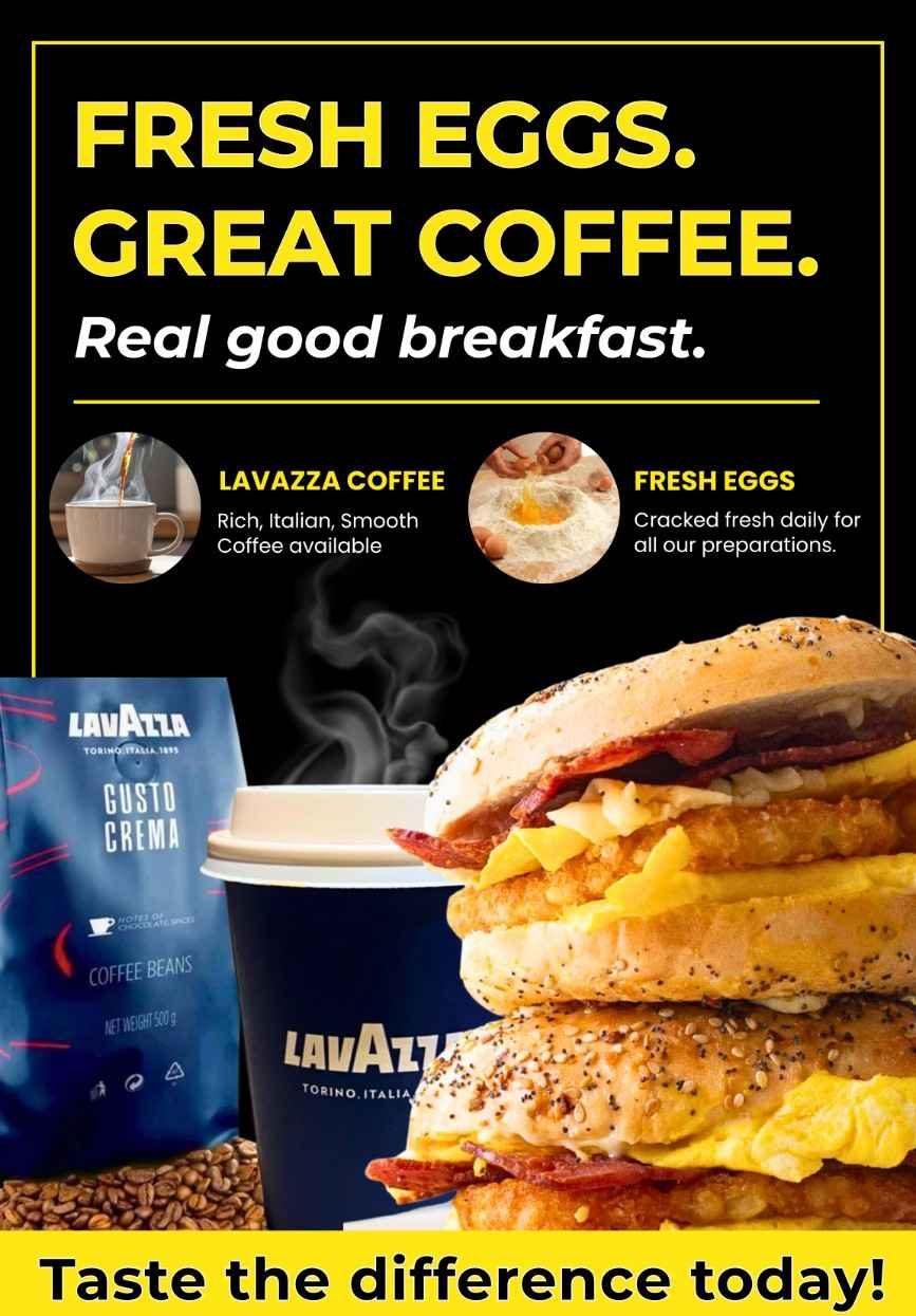 Fresh cracked egg breakfast sandwich and Lavazza coffee available at Fast Bagel on Easton Ave, Somerset.