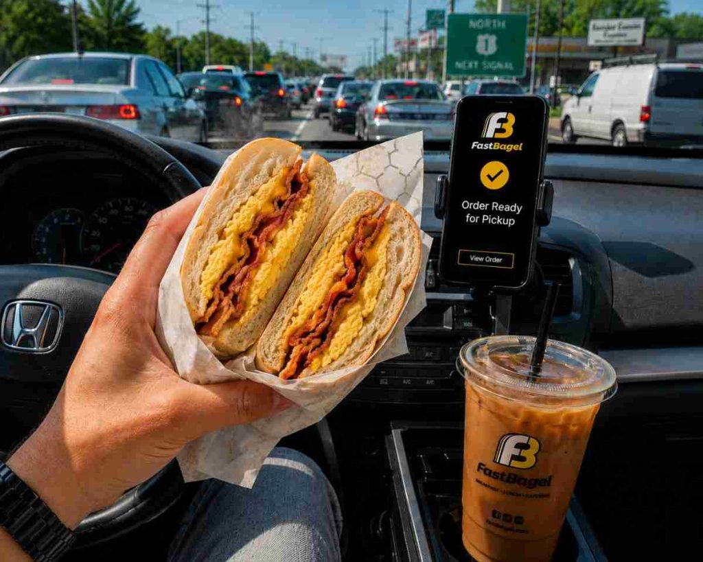 Two fresh scrambled eggs, bacon, and cheese breakfast sandwiches Central NJ commuters grab on the go with iced coffee from Fast Bagel