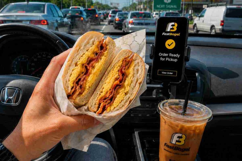 Two fresh scrambled eggs, bacon, and cheese breakfast sandwiches Central NJ commuters grab on the go with iced coffee from Fast Bagel