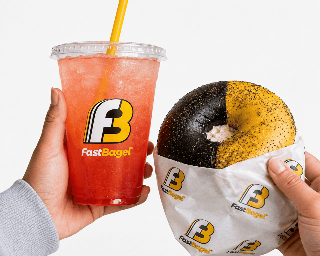 A signature black and yellow bagel and a Fast Refresh drink from Fast Bagel NJ.