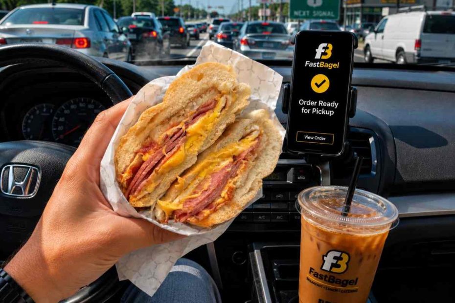 Fast Bagel breakfast sandwich and coffee for an on-the-go morning in New Jersey